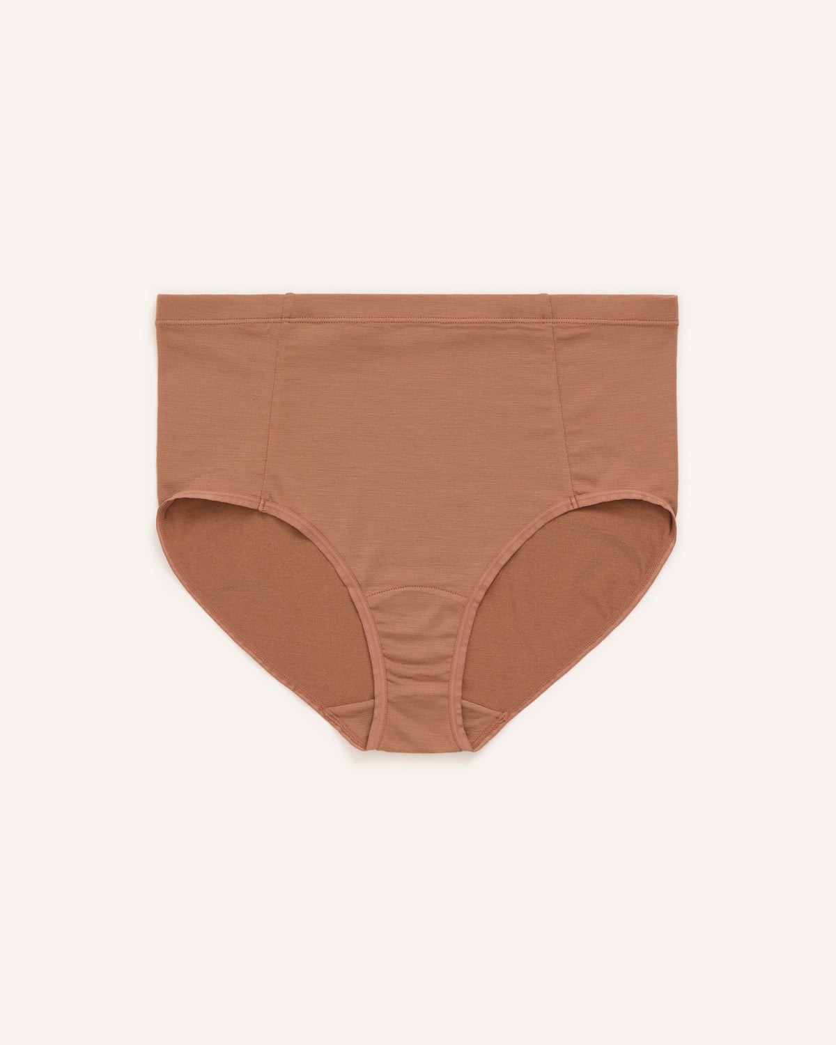 Laydown of Roam High Waist Bikini in Mocha Brown, a medium-dark nude color. Roam High Waist Bikini is a merino wool underwear available in sizes XS-3X.