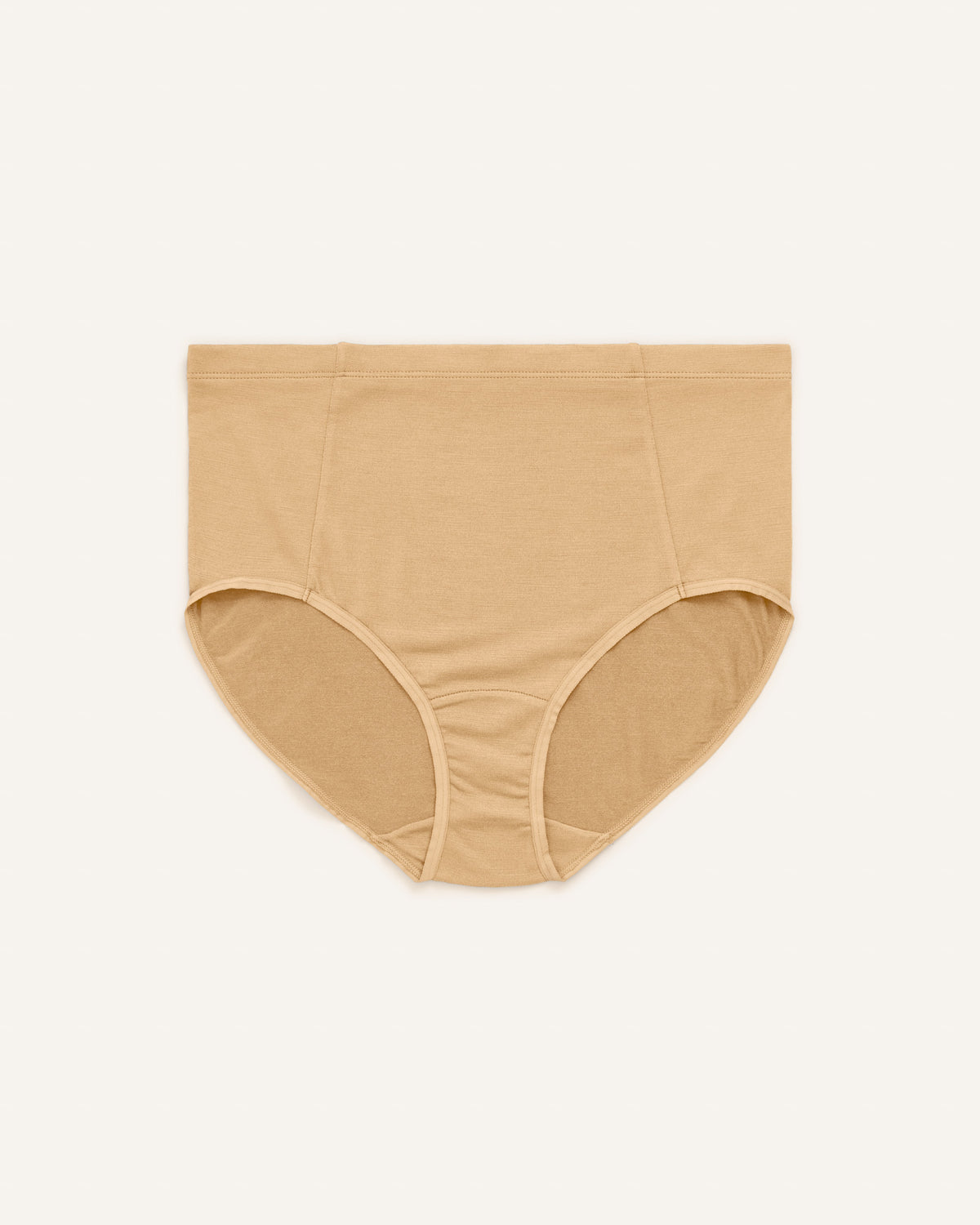 Laydown of Roam High Waist Bikini in Fawn, a light nude color. Roam High Waist Bikini is a merino wool underwear available in sizes XS-3X.