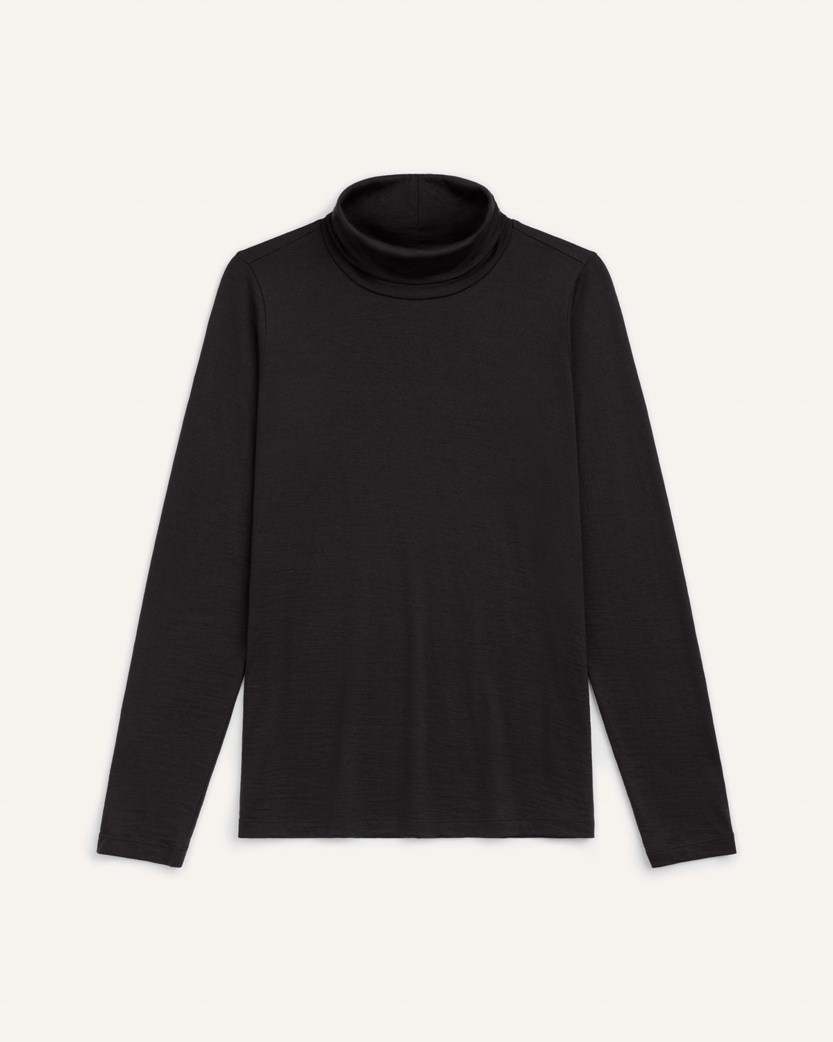 Laydown of Addison Turtleneck Top in Black. Addison Turtleneck Top is a merino wool long sleeve, turtleneck, slim fit top available in sizes XS-3X.