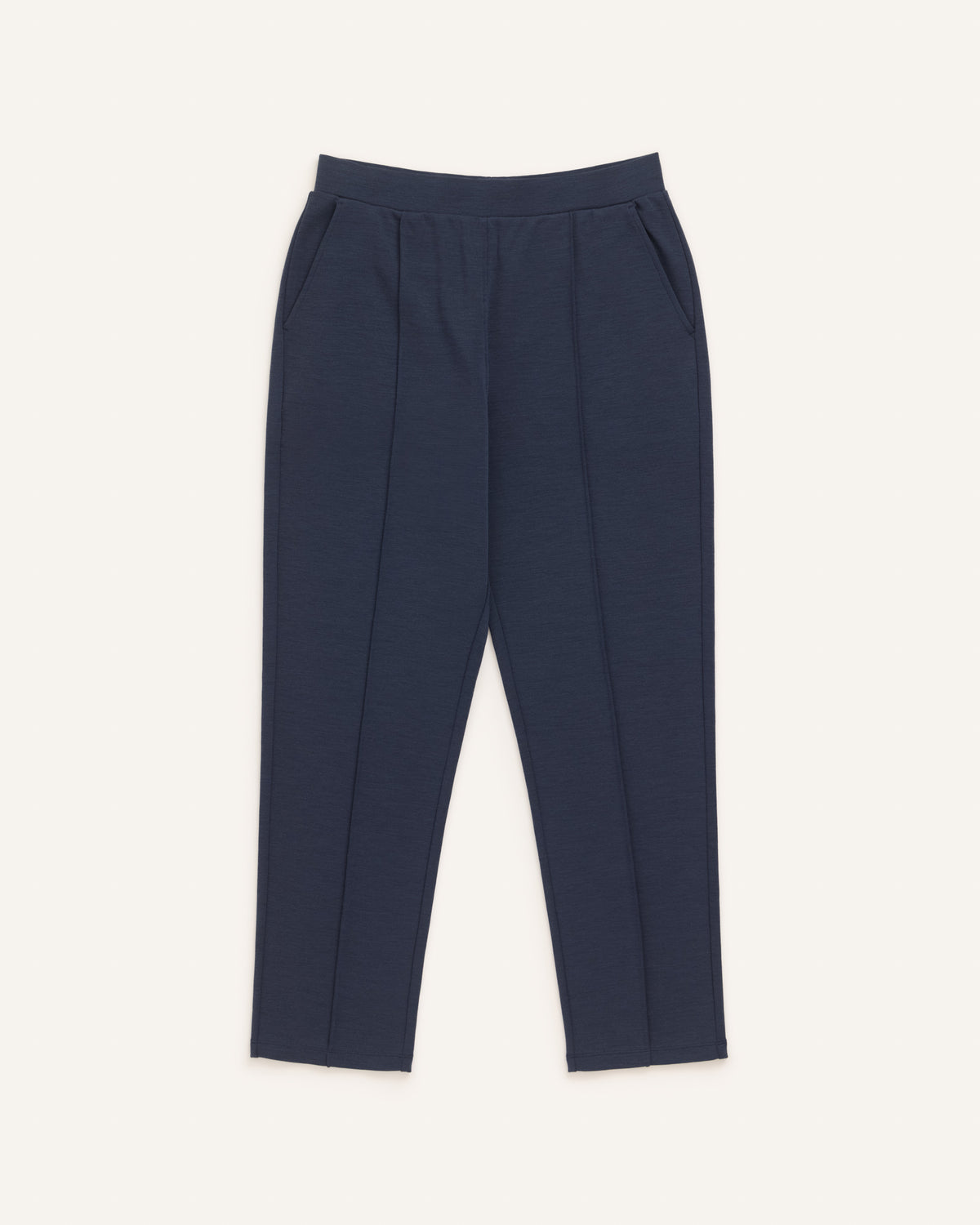 Laydown of Rosso Straight Ponte Pant in Washed Navy. Rosso Straight Ponte Pant is a merino wool pant with pockets available in sizes XS-3X Regular, S-XXL Long.