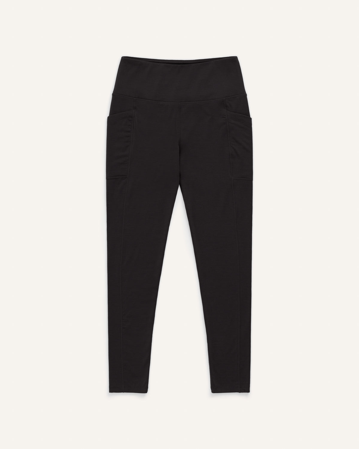 Laydown of Summit Pocket Legging in Black. Summit Pocket Legging is a merino wool legging with pockets available in sizes XS-3X Regular, S-XXL Long.