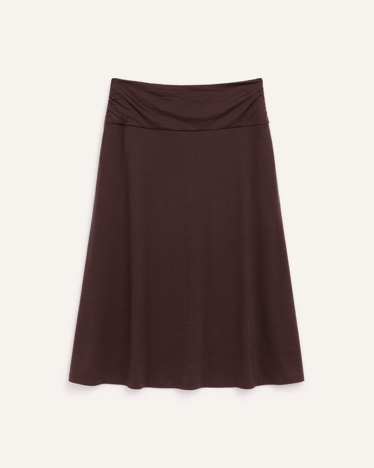 Laydown of Helena Midi Skirt in Espresso, a dark brown color. Helena Midi Skirt is a merino wool midi skirt with pockets available in sizes XS-3X.