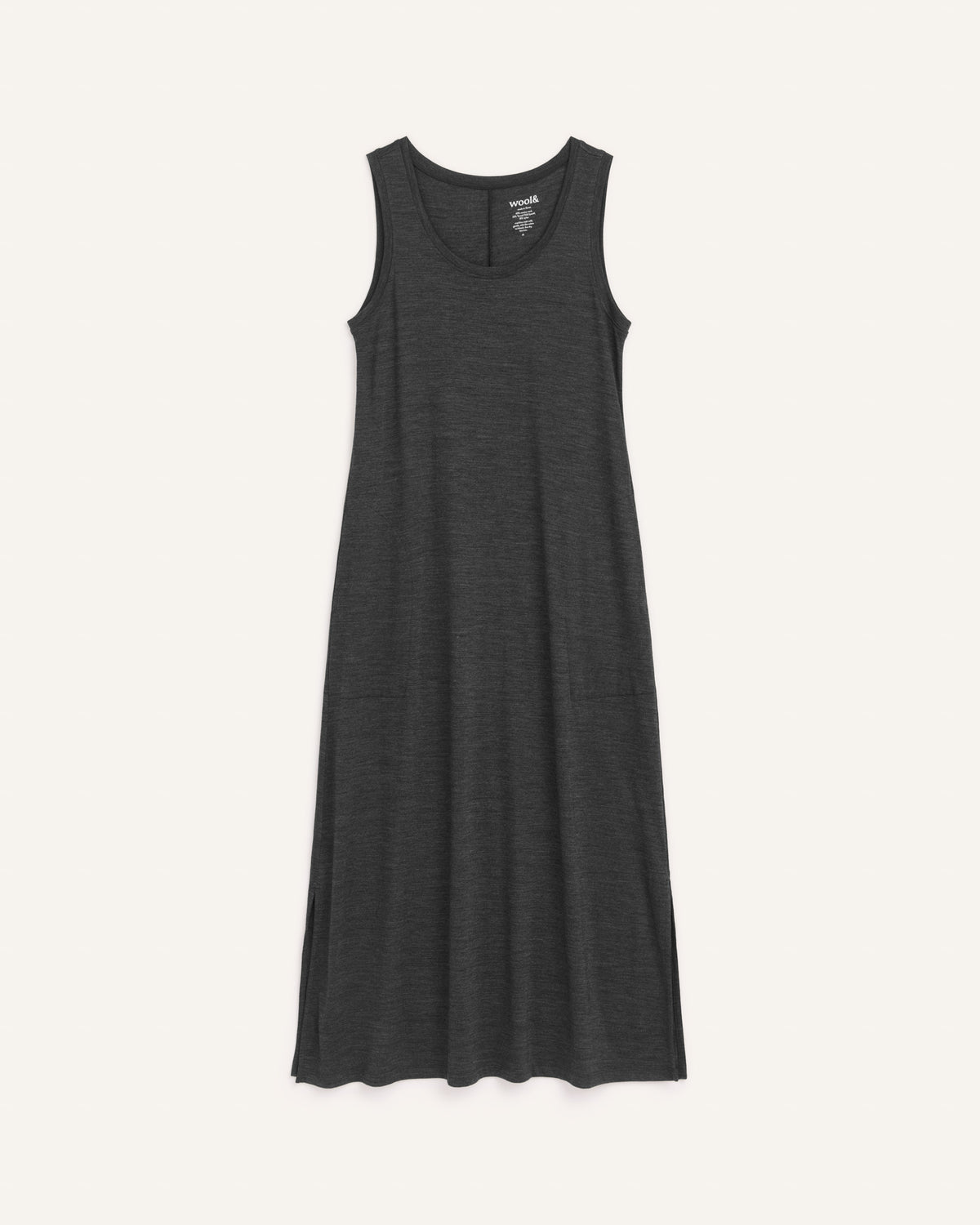 Laydown of Audrey TENCEL™ Maxi Dress in Black Heather. Audrey TENCEL™ Maxi Dress is a merino wool sleeveless, scoop neck, maxi shift dress with pockets available in sizes XS-3X.