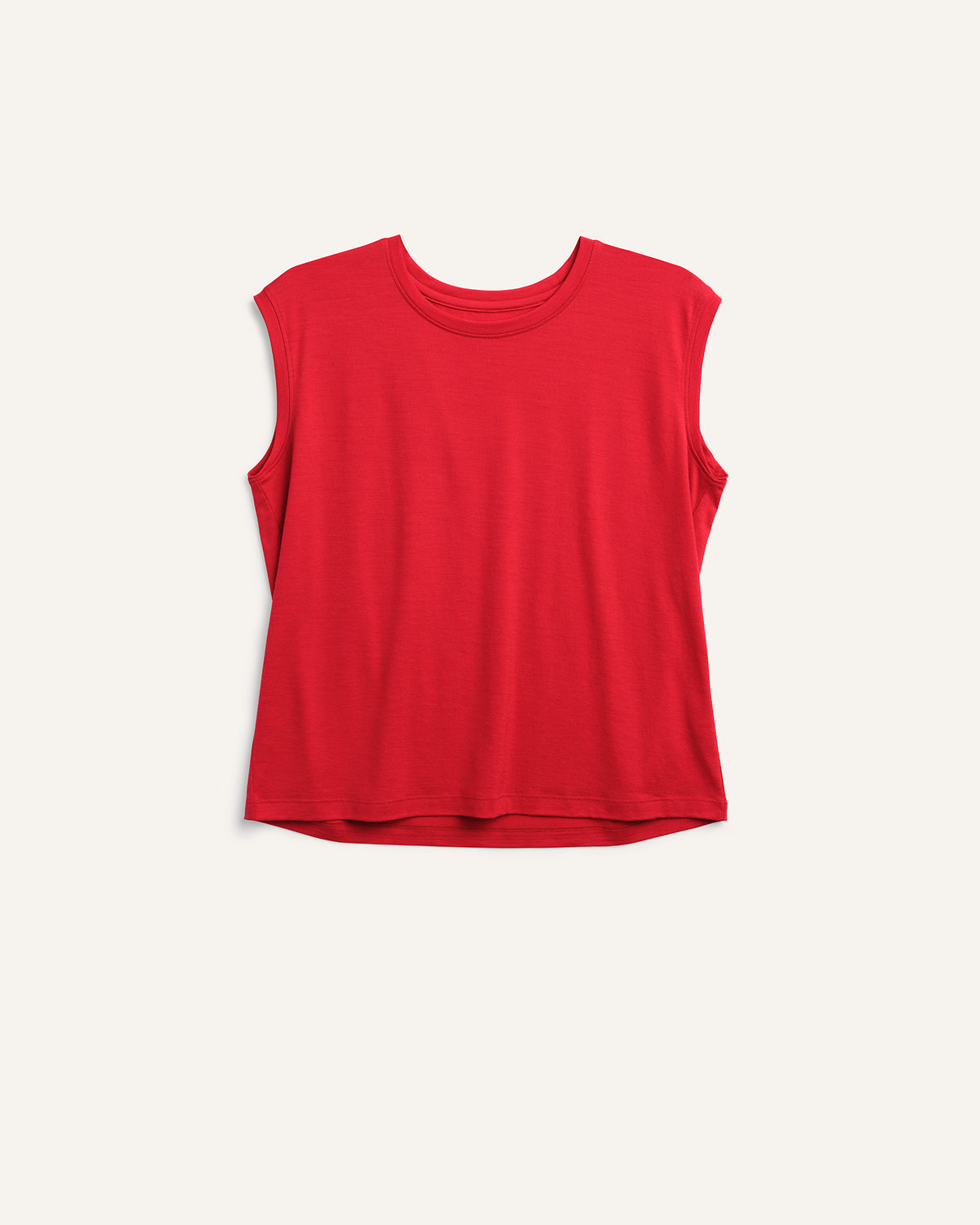 Laydown of Dawn Boxy Tank in Fruit Punch, a vivid red-orange color. Dawn Boxy Tank is a merino wool sleeveless, crew neck, relaxed fit top available in sizes XS-3X.
