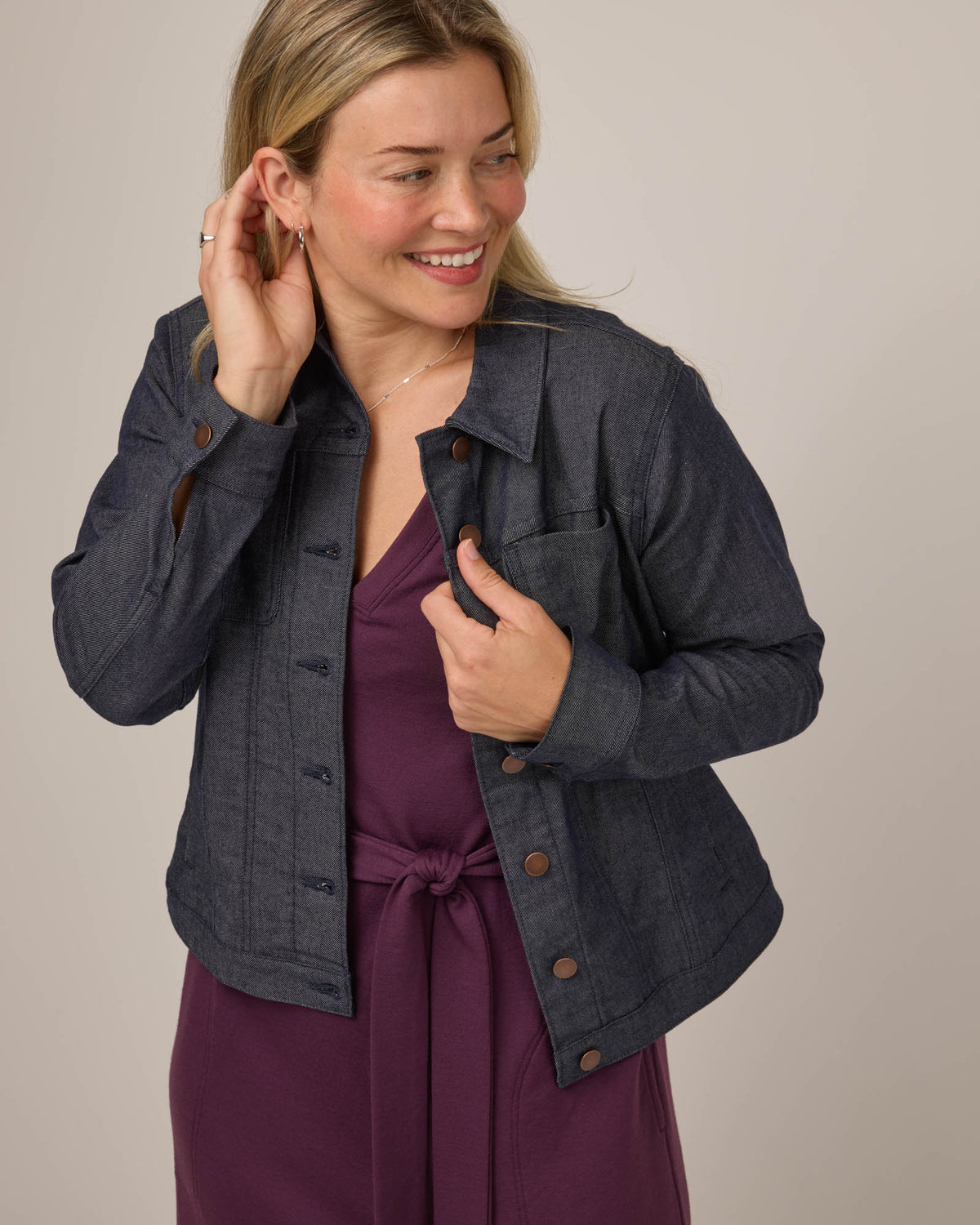 Model wearing Logan Denim Jacket in Indigo Blue. Logan Denim Jacket is a merino wool long sleeve, collared, regular fit jacket available in sizes XS-XXL.