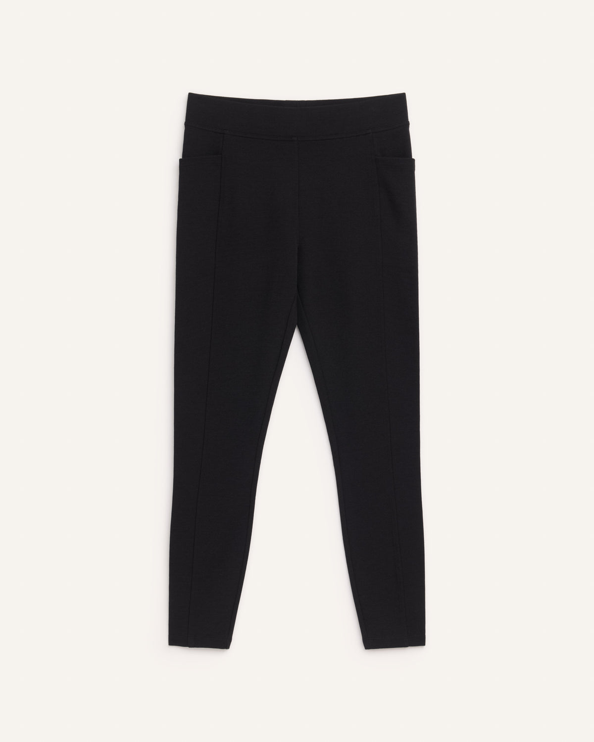 Laydown of Terra Ponte Legging in Black. Terra Ponte Legging is a merino wool legging with pockets available in sizes XS-3X Regular, S-XXL Long.