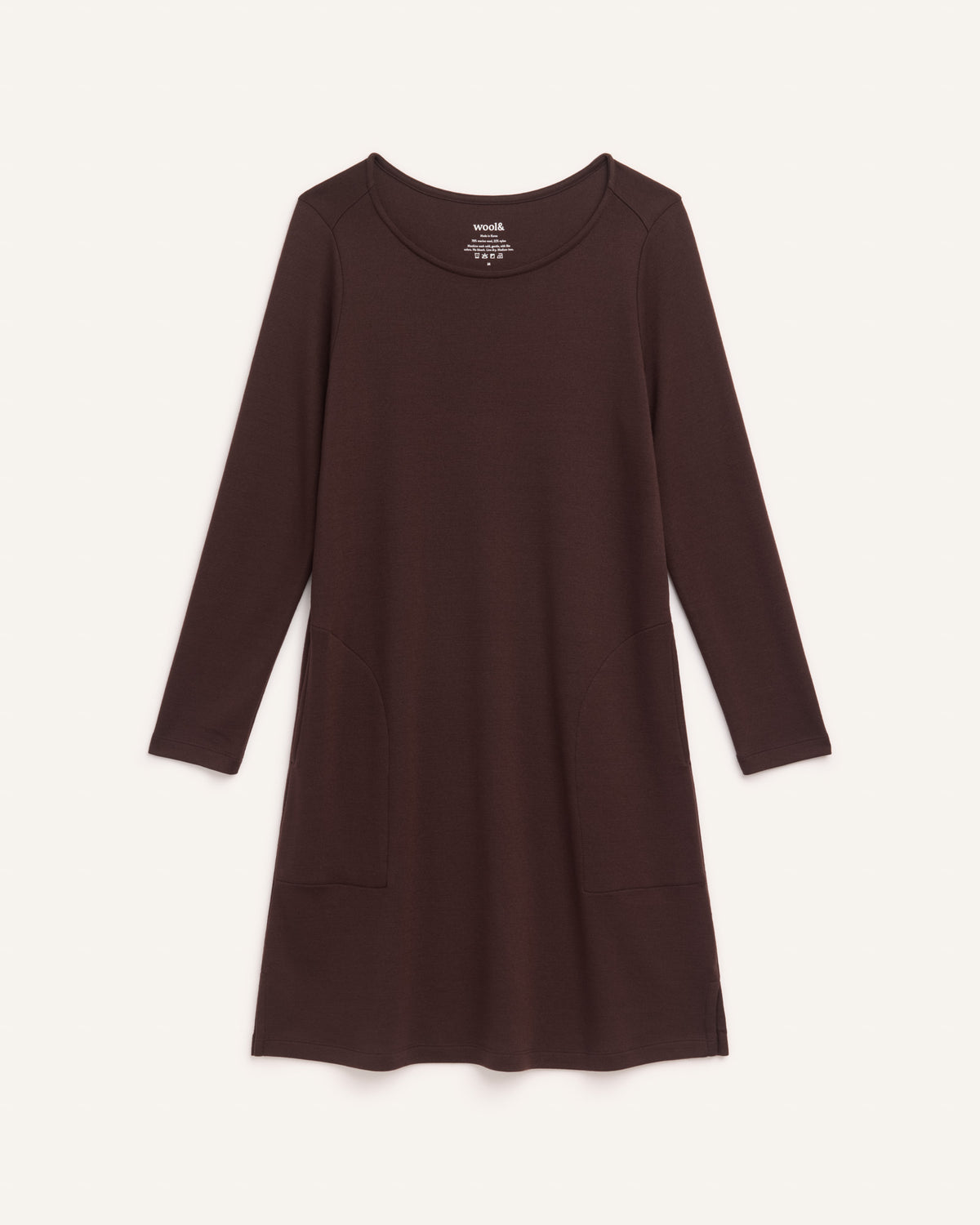 Laydown of Margo Shift Dress in Espresso, a dark brown color. Margo Shift Dress is a merino wool long sleeve, boatneck, knee length shift dress with pockets available in sizes XS-3X Regular, S-3X Long.