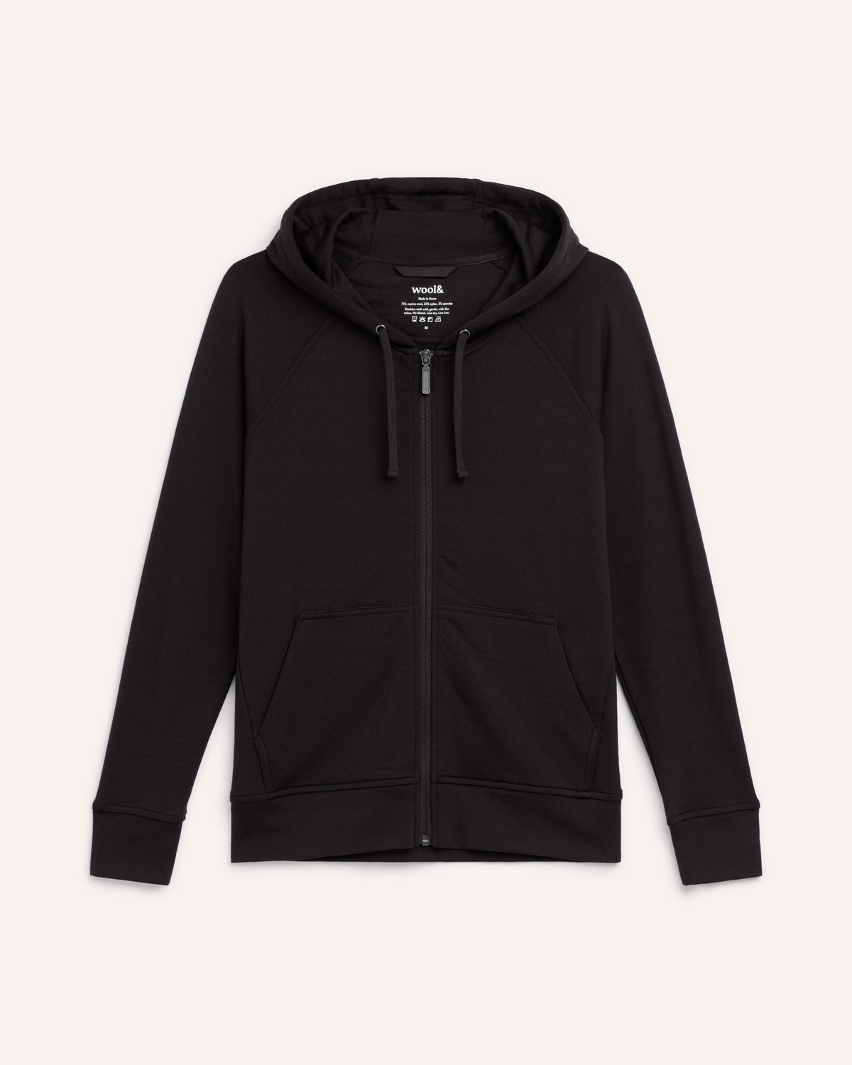 Laydown of Aspen Full-Zip Hoodie in Black. Aspen Full-Zip Hoodie is a merino wool long sleevezip hoodie with pockets available in sizes XS-3X.