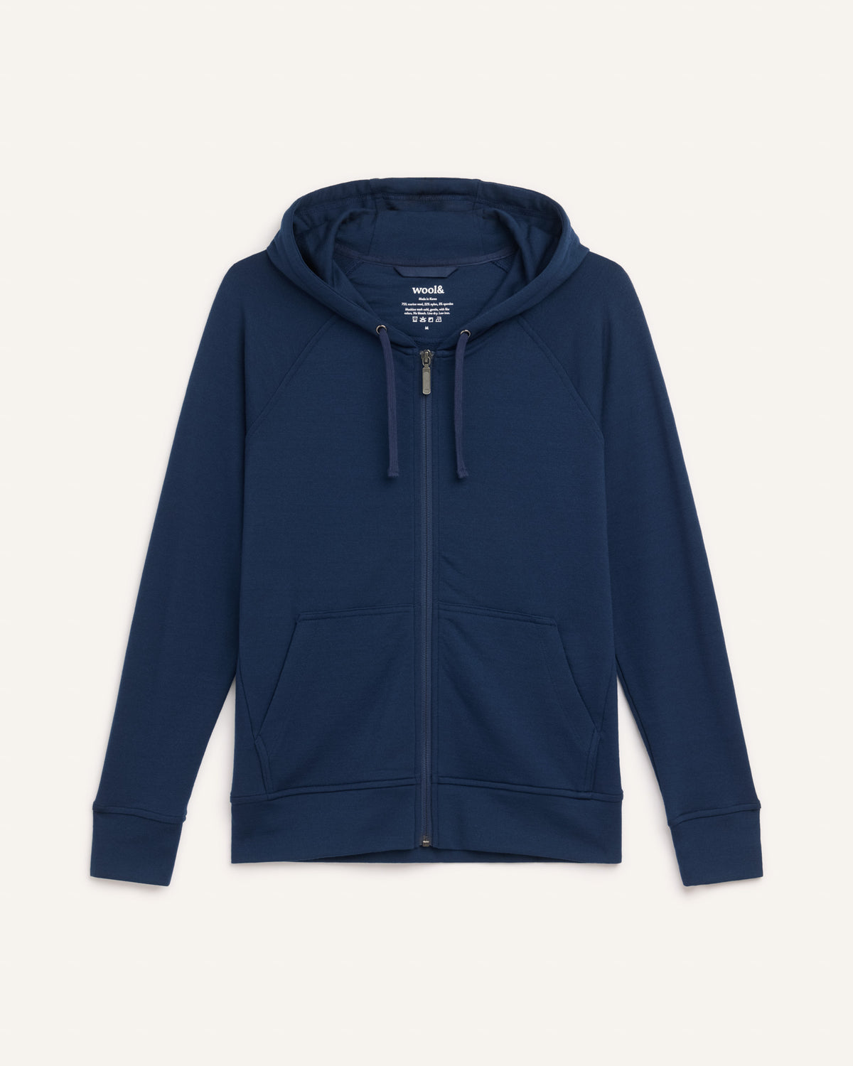 Laydown of Aspen Full-Zip Hoodie in Marine Blue, a deep royal blue color. Aspen Full-Zip Hoodie is a merino wool long sleevezip hoodie with pockets available in sizes XS-3X.