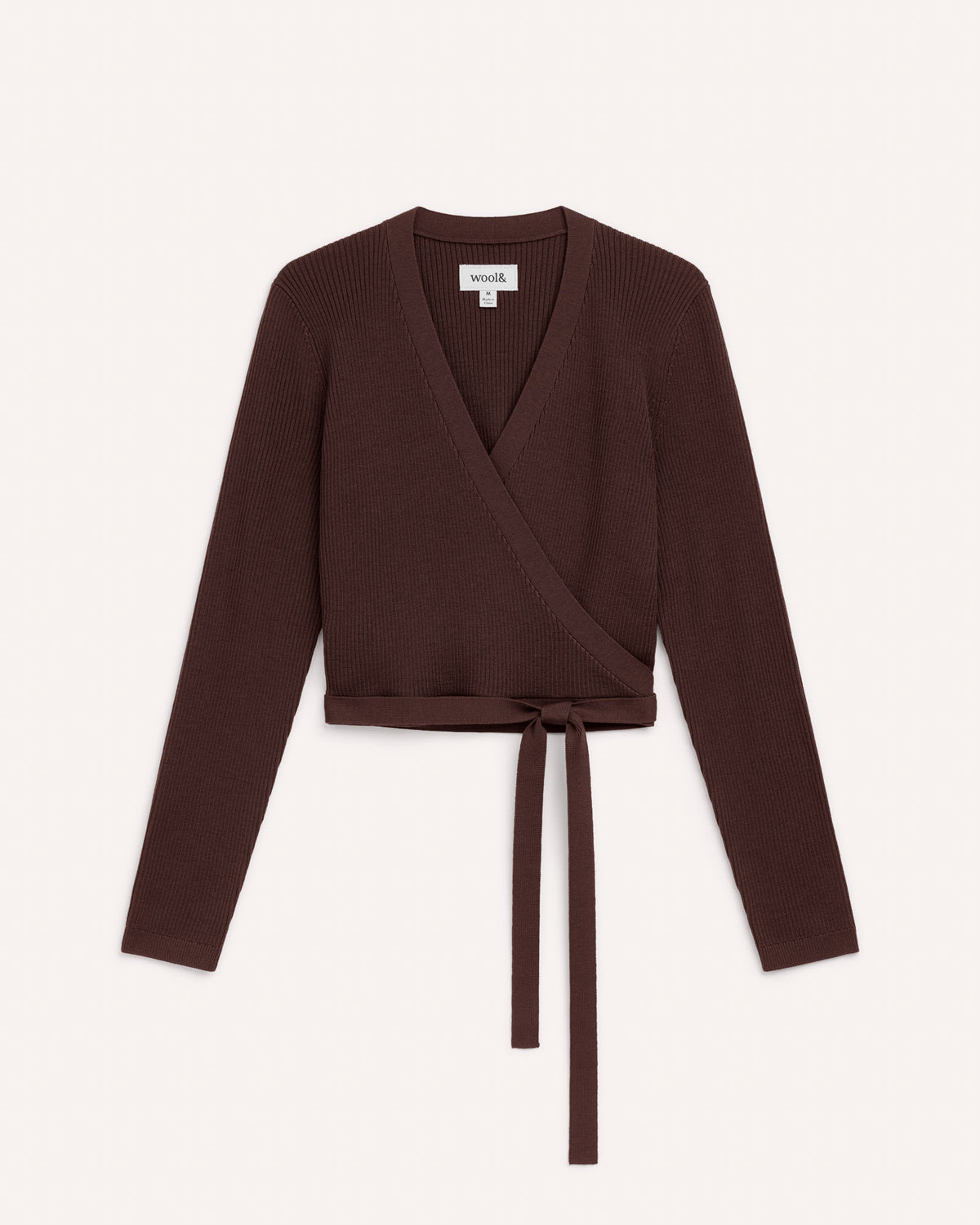 Laydown of Adeline Wrap Sweater in Espresso, a dark brown color. Adeline Wrap Sweater is a merino wool long sleeve, v-neck, regular fit sweater available in sizes XS-3X.