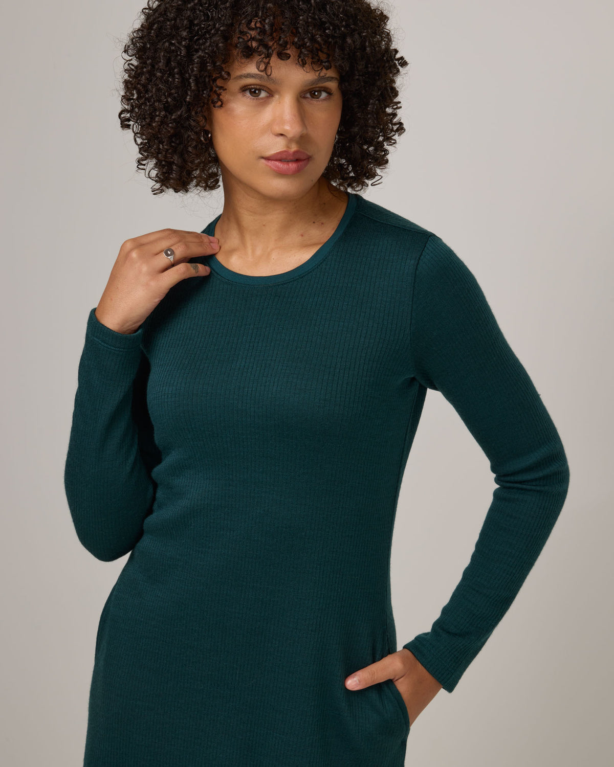 Model wearing Bethany Double Knit Ribbed Dress in Pine, a saturated forest green color. Bethany Double Knit Ribbed Dress is a merino wool long sleeve, crew neck, midi swing dress with pockets available in sizes XS-3X.