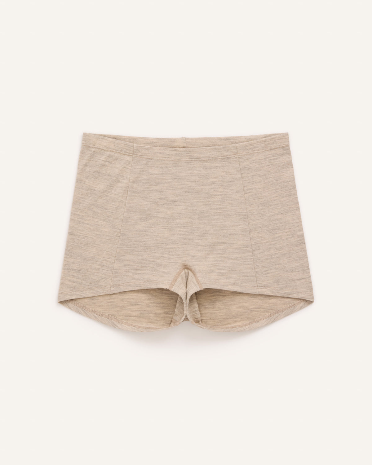 Laydown of Roam High Waist Shortie in Oatmeal Heather, a soft heathered cream color. Roam High Waist Shortie is a merino wool underwear available in sizes XS-3X.