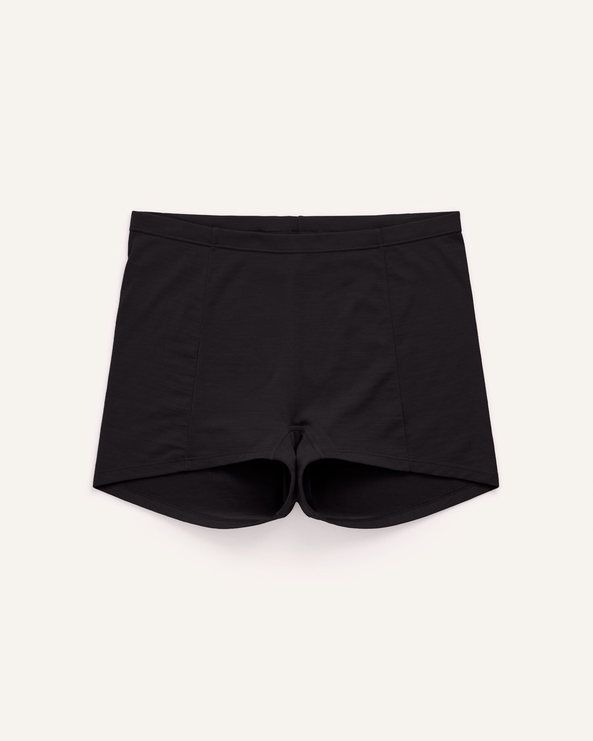 Laydown of Roam High Waist Shortie in Black. Roam High Waist Shortie is a merino wool underwear available in sizes XS-3X.